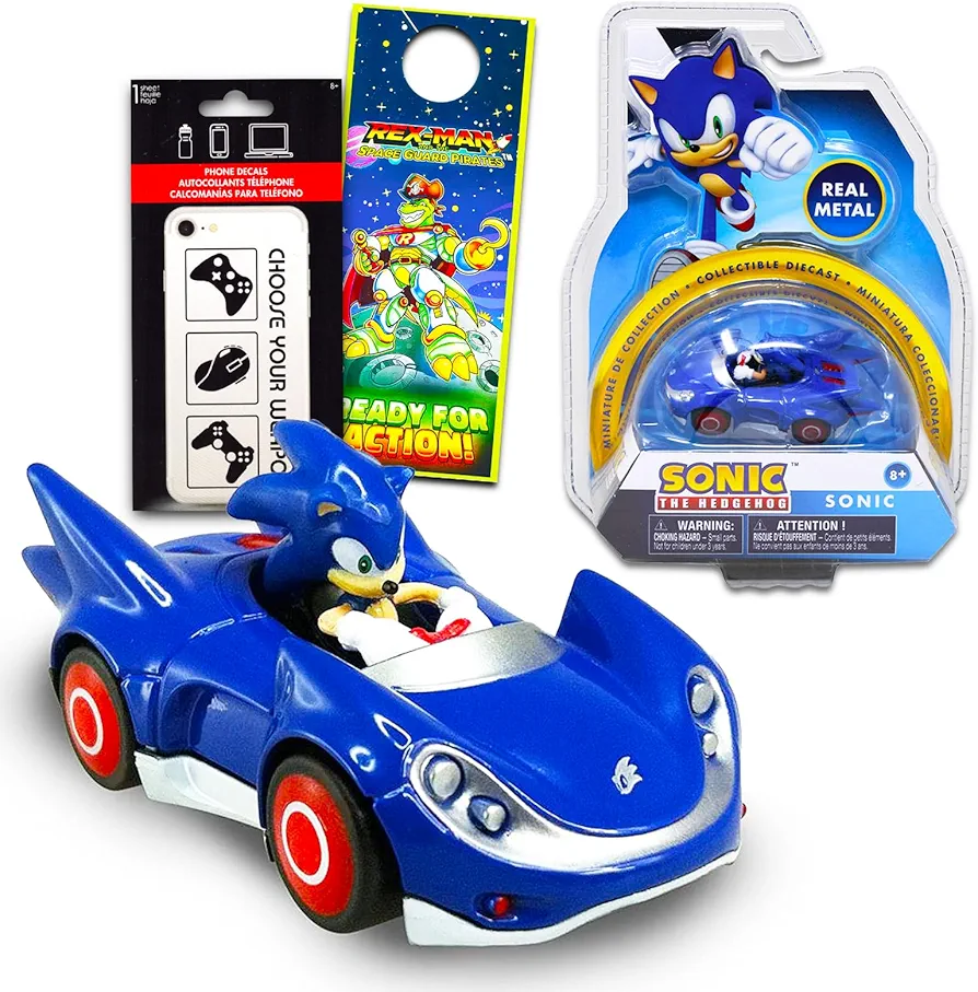 Sonic The Hedgehog Diecast Toy Race Car - Bundle with Sonic Pull Back Car from Sonic Plus Decal and More | Sonic Race Car Set for Kids