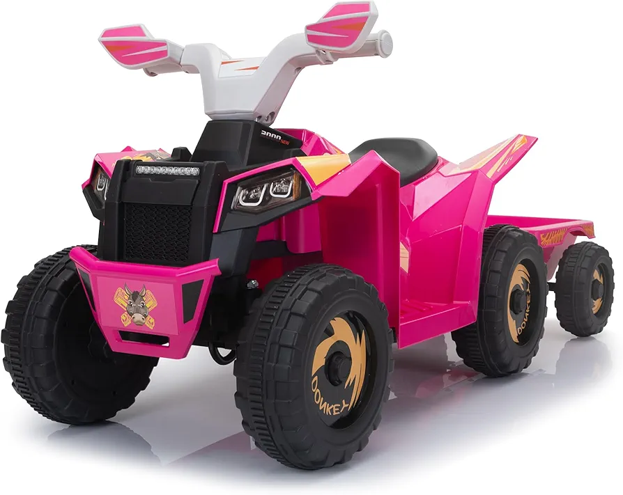 6V Kids Ride On Toy, Kids ATV 4 Wheeler for Kids 3-6, Electric Vehicle for Toddlers w/Trailer, Push-Button,Music, Bluetooth, Safety Belt, Power Display