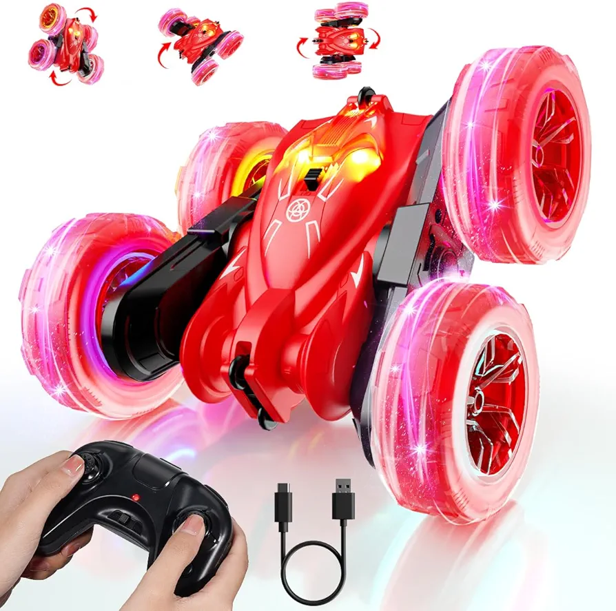 MaxTronic Fast Direct Charging Remote Control Car with LED Lights, Rc Cars for Kids 360° Rotating Double Sided Fast Flips 2.4Ghz 4WD All Terrain RC Stunt Toys for Ages 3-12 Years Old Boys Girls