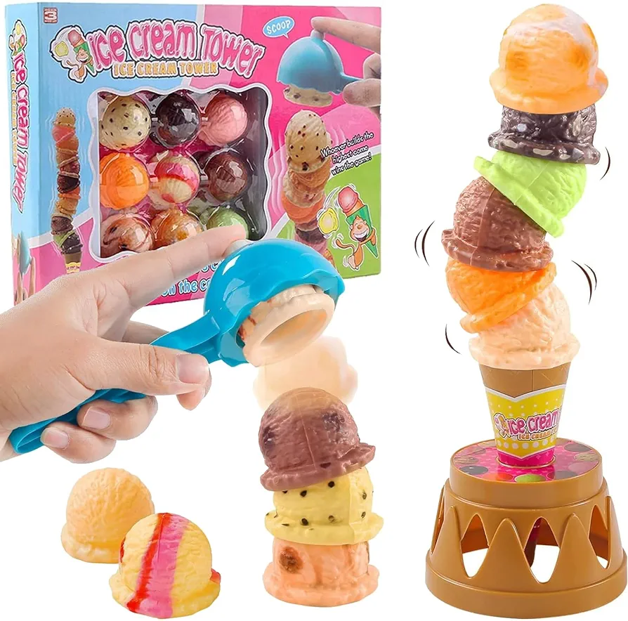 Ice Cream Toy Stacking Tower - Balancing and Stackable Scoop Ice Cream for Toddlers, Kids Pretend Food Play Set Kitchen Dessert