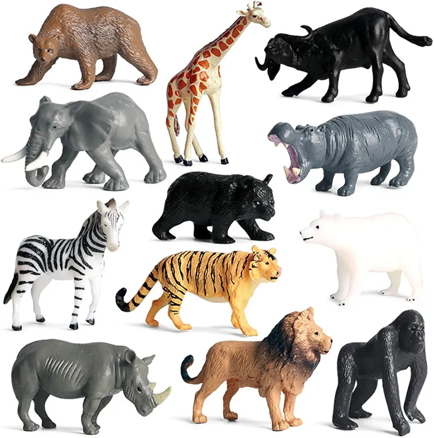 12 PCS Realistic Small Wild Animal Figures, Plastic Safari Animal Figurines Educational Science Project Model Playset with Tiger Lion Giraffe Orangutan Zebra Bear Buffalo Elephant Rhinoceros Hippo