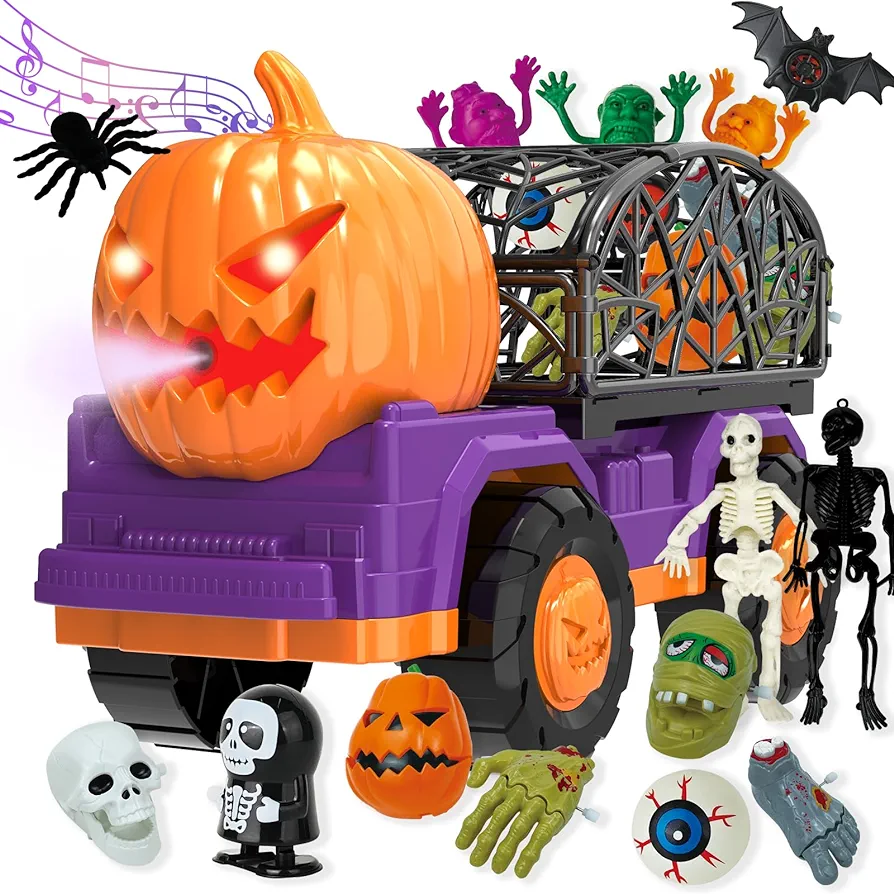 EPPO 17 PCS Truck Toys for Kids Halloween Wind Up Toys for Kids Halloween Pumpkin Car Toys Birthday Party Favors for 4 5 6 7 Years Old Kids Boys and Girls