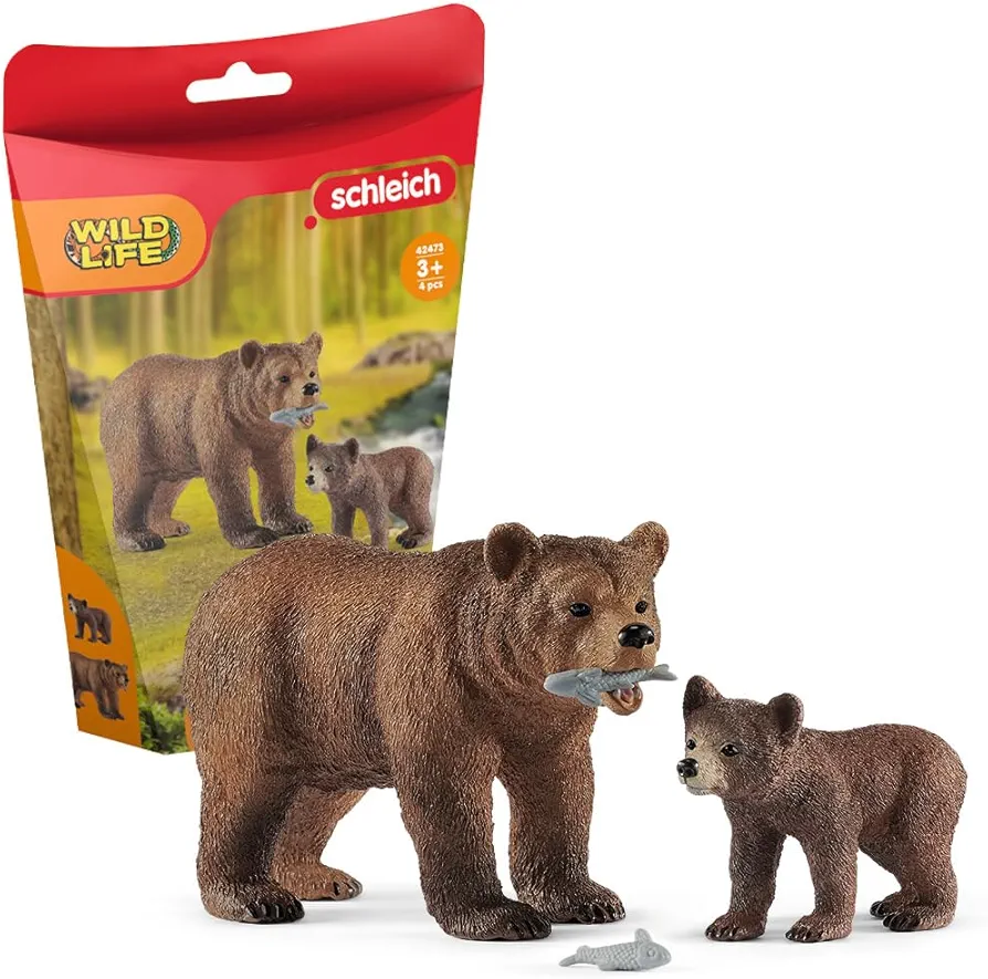 Schleich Wild Life Realistic Grizzly Bear Mother, Cub, and Fish - 4-Piece Animal Toy Playset, Durable and Educational Figurines for Fun Adventures for Boys and Girls, Gift for Kids Ages 3-8