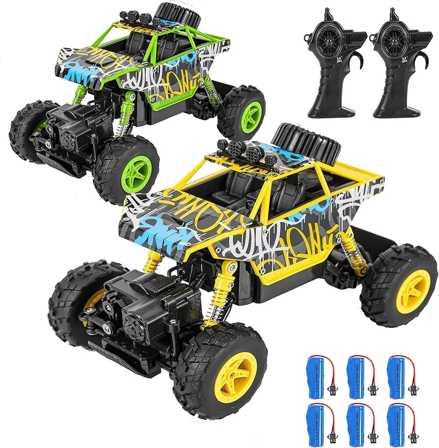 2PcsRemote Control Car for Boys Girls, RC Stunt Car 4WD Monster Truck 2.4Ghz with 6 Rechargeable Batteries Dual Motors Unique Graffiti Off Road Toy Cars,Graffiti Yellow + Graffiti Green