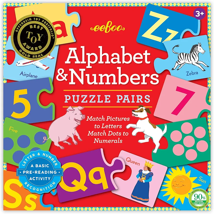 eeBoo: Alphabet & Numbers Puzzle Pairs, Match Pictures to Letters, Match Dots to Numerals, Educational Tool, 36 Color Coded Pairs for Easy Matching, for Ages 3 and up