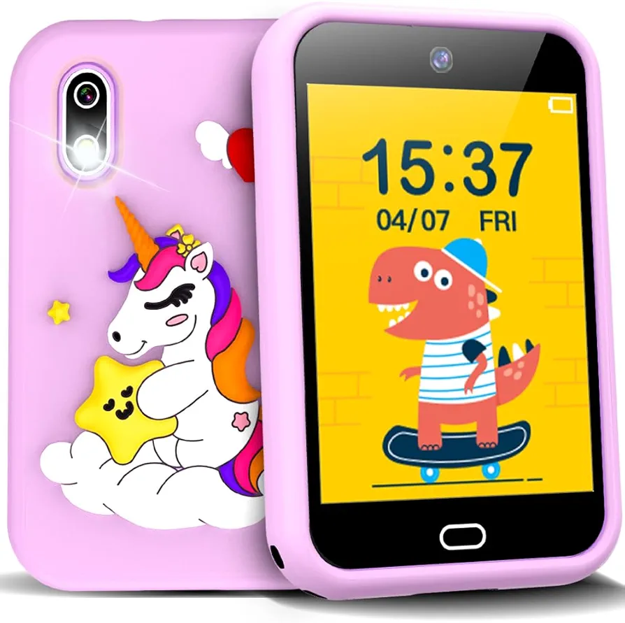 Kids Smart Phone Toys Age 3-8 Girls Pretend Phones with Unicorn Case 28 Puzzle Games Dual Camera Music Storybook ABC Alphabet Cards Alarm Clocks Touchscreen Learning Toys Lanyard 8G SD Card