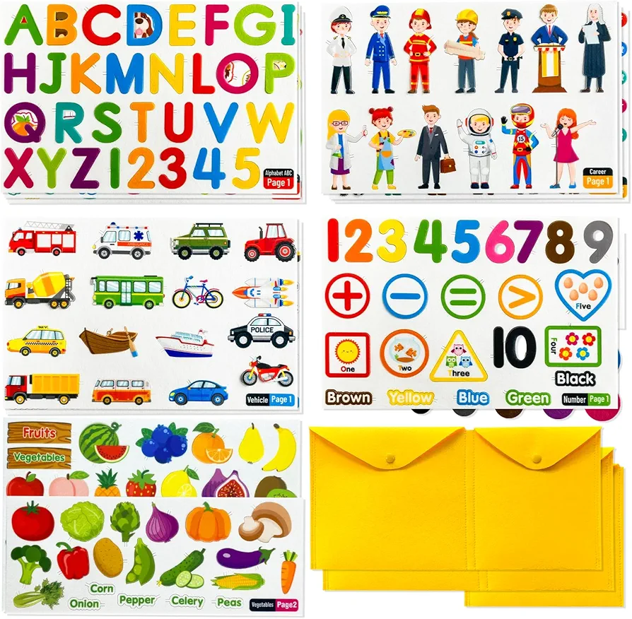 PENGFULL 5 Felt Learning Pieces Set,Felt Alphabet Letters Fruits and Vegetables Numbers Community Helpers Transportation Learning Pieces,for Felt Flannel Board, for Toddlers Kindergarten Preschool