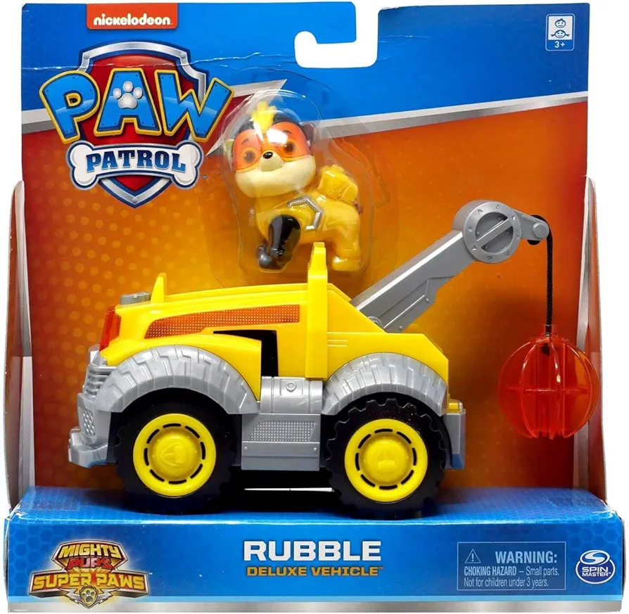 Paw Patrol Mighty Pups Super Paws Deluxe Vehicle with Collectible Figure (Rubble)