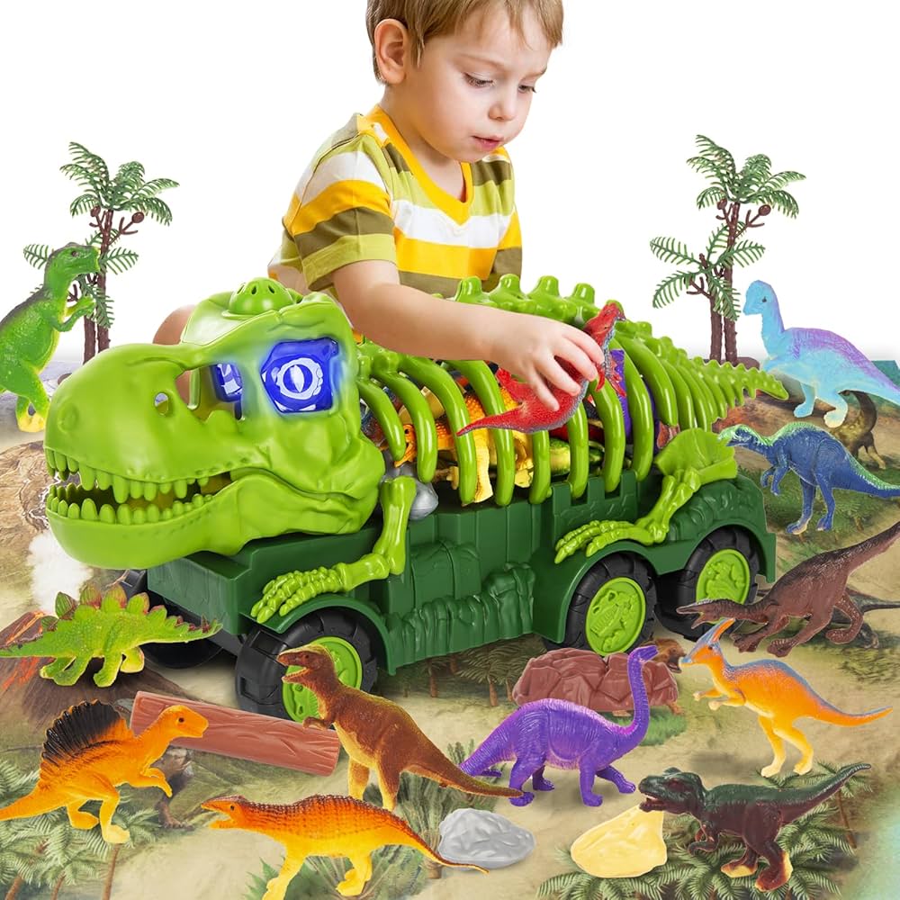 Dinosaur toys for kids 3-5, Dinosaur Skeleton Transport Truck Set with 12 Dinosaur Figures, Large Activity Play Mat, Dinosaur Gifts Toys for 3 Year Old Boys and Girls, Birthday, Party