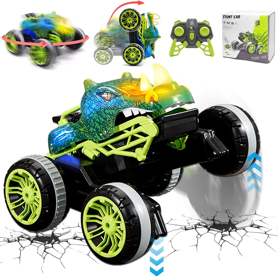 Dinosaur-Remote-Control-Monster-Truck for Kids,2.4GHz RC Stunt Cars Toys with Light & Sound,Indoor Outdoor All Terrain Electric,Christmas Birthday Gifts for ages 3 4 5 4 6 7 8 9 10 11 12 Boys