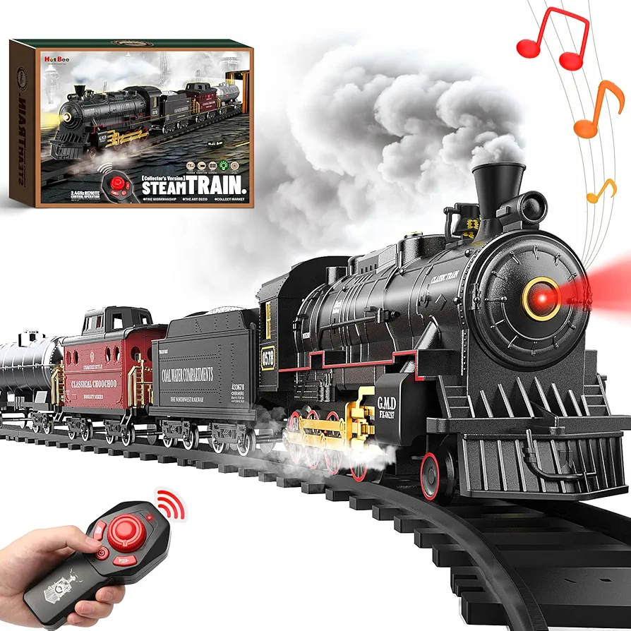 Hot Bee Train Set for Boys - Remote Control Train Toys with Steam Locomotive, Cargo Cars Tracks,Trains with Realistic Smoke,Sounds and Lights,Christmas Train Toys for 3 4 5 6 7+ Years Old Kids