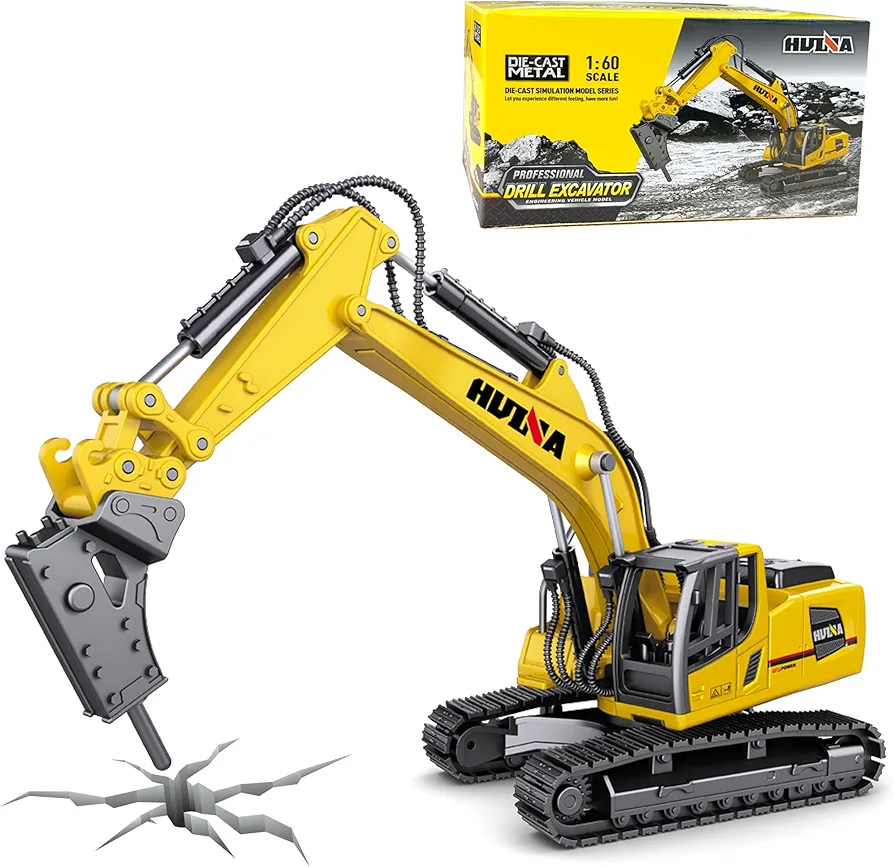 Large Drill Excavator Construction Vehicle Toys Heavy Duty Alloy Hydraulic Hammer Truck, 1:60 Scale Diecast Site Drill Digger Toy Truck for Kids 8,9,10,11,12 Year Old and up