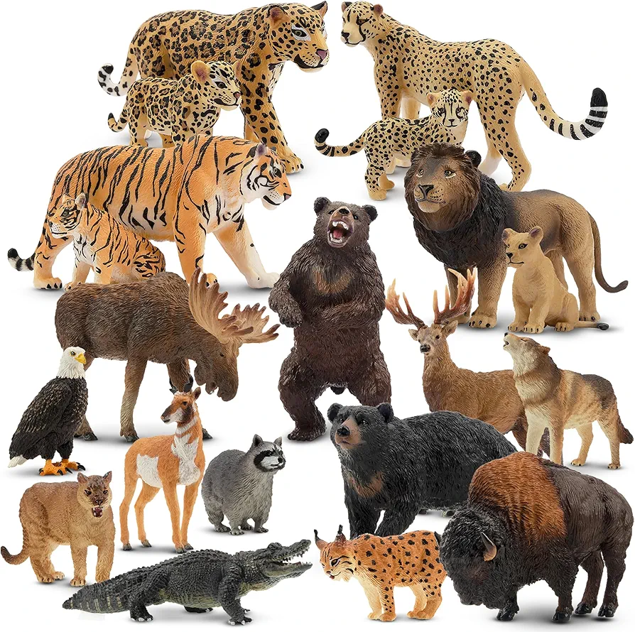 Toymany 20PCS Jungle Animals Figurines, Realistic North American Forest Animal Set includes Lion, Tiger, Cheetah, Lynx, Wolf, Bear, Eagle, Educational Toy Birthday Easter Gift for Kids Toddlers