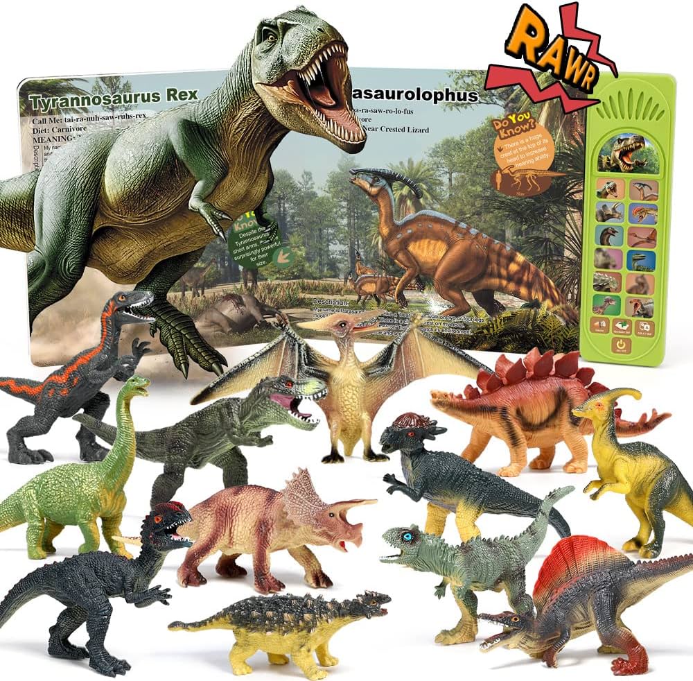 OENUX Dinosaur Toys with Interactive Sound Book for Kids 3-5, Dinosaur Book with Sound &12 Toy Dinosaurs Figures, Toddler Dinosaur Learning Toys for Boy, Dinosaur Gift for Boys Girl Age 4-7