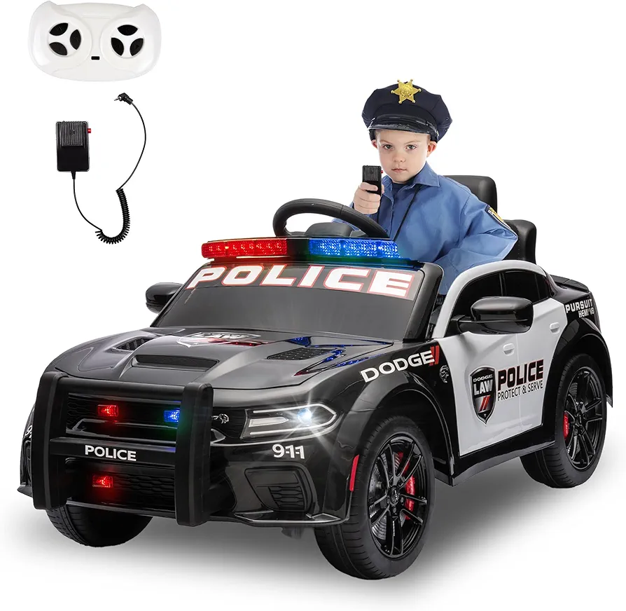 Licensed DODGE Charger, 12V Kids Ride on Police Car, Electric Toys for Kids W/Parent Remote Control, Three Speeds, Anti-collision Bar, Alarm Lights, Police Car Sticker, Megaphone, Power Display, Black