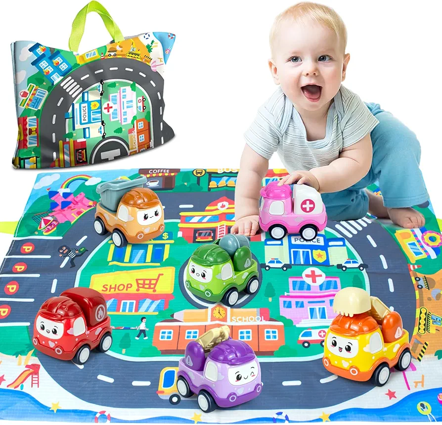 Baby Truck Car Toy with Playmat Storage Bag, 6 Pcs Mini Infant Friction Powered Push and Pull Vehilces, 1st Birthday Gifts for Infant Toddlers, Toys for 1 2 3 4 Year Old Boys Girls Birthday