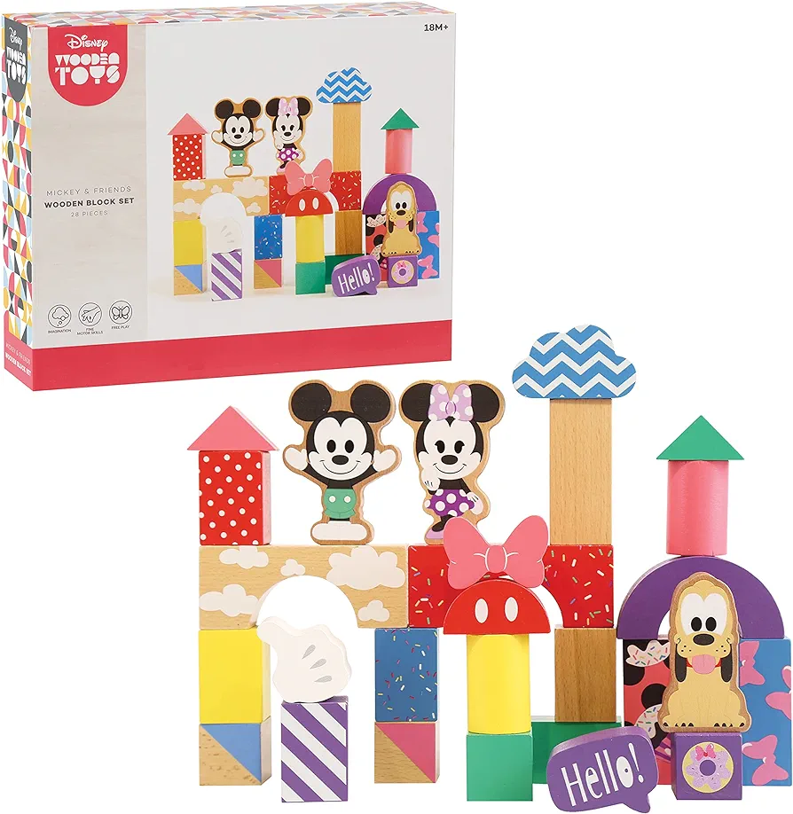 Just Play Disney Wooden Toys Mickey Mouse & Friends Block Set, 28-Piece Set Includes Mickey Mouse, Minnie Mouse, and Pluto, Kids Toys for Ages 18 Month