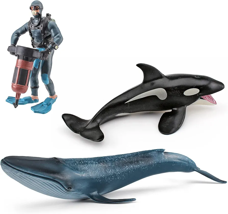 Ocean Sea Marine Animal Figure Toys Playsets 3 PCS Diver Killer Whale Blue Whale Model Toy Desktop Decoration Collection Party Favors Toys for Boys Girls Kids