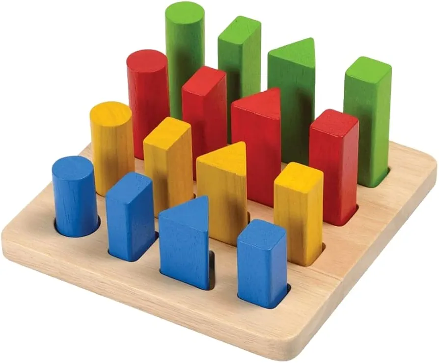 PlanToys Wooden Sorting and Stacking Geometric Peg Board (5125) | Sustainably Made from Rubberwood and Non-Toxic Paints and Dyes