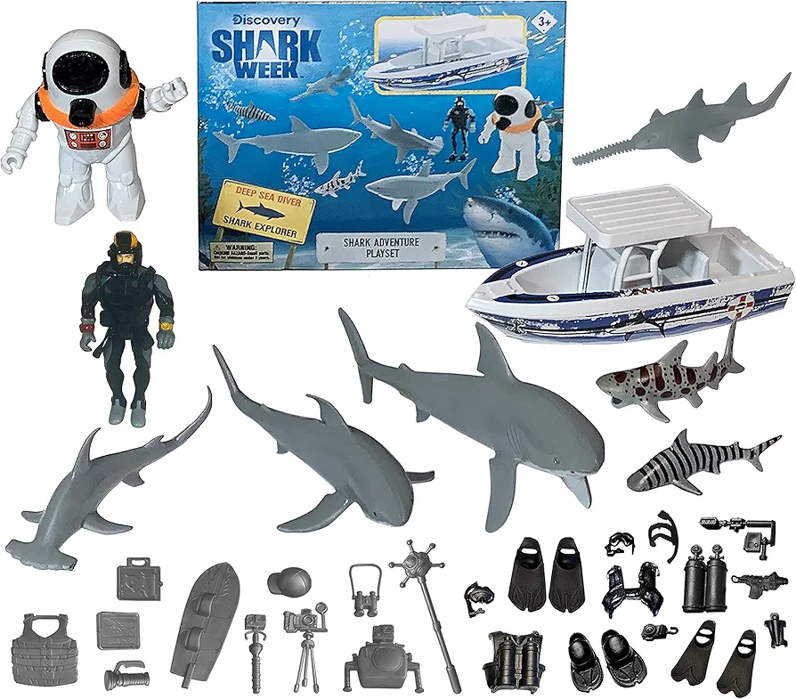 Shark Week Discovery Deep Ocean Explorer Big Toy Playset for Kids, Toy Boat Action Figure Scuba Diver Deep Sea Diver, Great White Shark, Hammerhead, Hand Painted, Eco Friendly, Officially Licensed