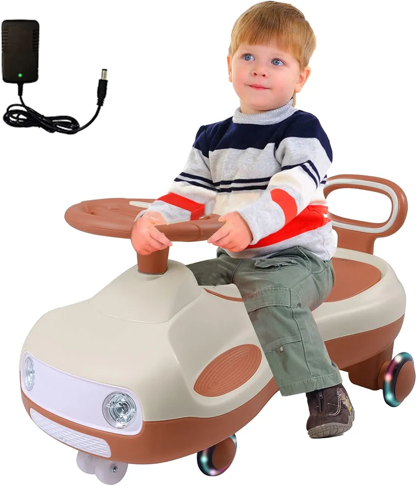 Electric Wiggle Car Riding Toys, Kids Ride on Car Ride on Toys Car with Rechargable Battery and Pedal, Swing Car with Music and Anti-Rollover Colorful Light Wheel for Toddlers (Brown)