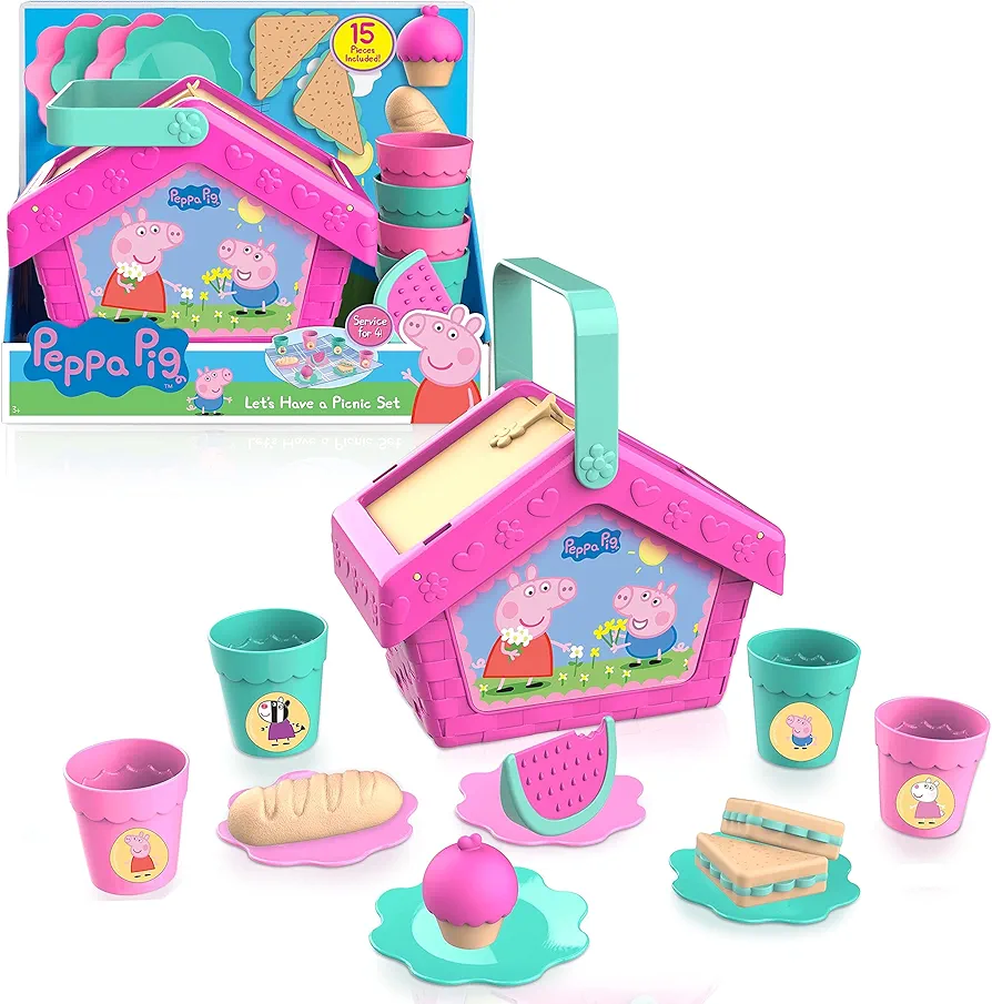 Just Play Peppa Pig Let's Have a Picnic Set, Travel Toy with Handle Includes 4 Settings and Play Food, 15-Pieces, Kids Toys for Ages 3 Up