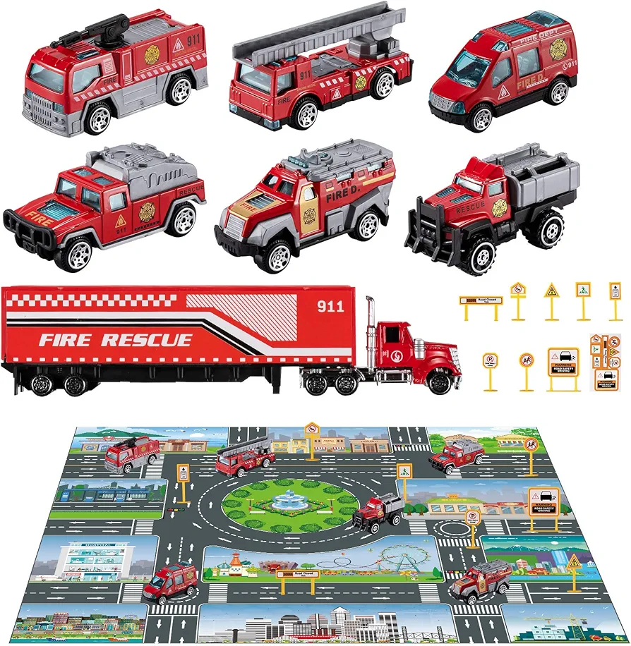 TEMI Diecast Emergency Fire Rescue Vehicle Toy Set w/Play Mat, Truck Carrier,Ambulance, Alloy Metal Fighting Car for 3 4 5 6 Years Old Toddlers Kids Boys and Girls