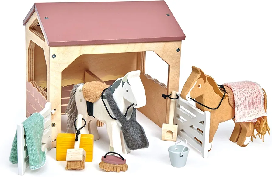 Tender Leaf Toys - The Stables - 13 Pcs Imaginative Horse Stables Play Set with and Accessories - Animal Learning Pretend Play and Promote Creativity - Age 3+