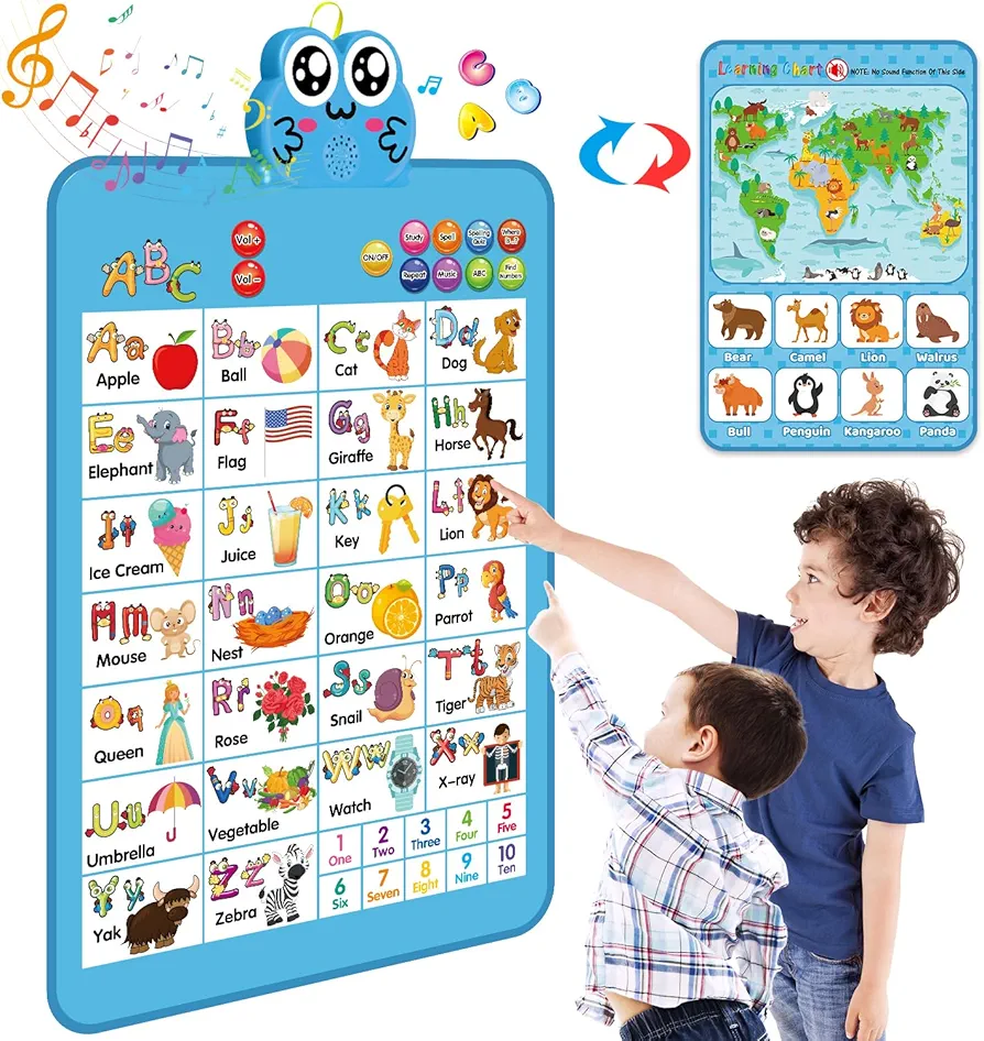 Electronic Interactive Double-Sided Alphabet Wall Chart, Talking ABC & 123s & Music & Learning Poster, Educational Toddlers Toys for Ages 2-4 and Up Kids Gifts, Best for Preschool Boys & Girls (Blue)