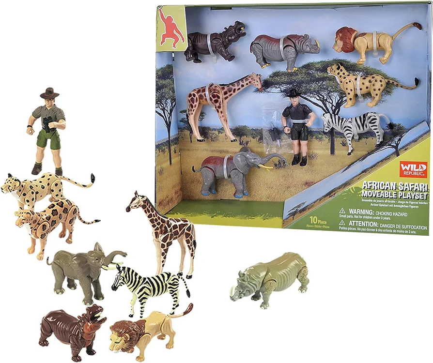 Wild Republic Movable Action Playset Safari, Eight Species of African Animals and a Safari Guide, Gift for Kids, Great for Interactive Play