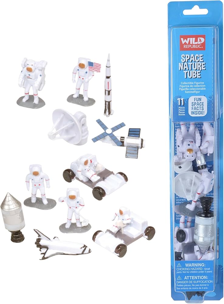 Wild Republic Figures Tube, Outer Space Toys, Shuttle, Astronaut, Space Station, Apollo Spacecraft, Lunar Rover, Saturn Rocket, Satellites Multi, 1.5" to 3"