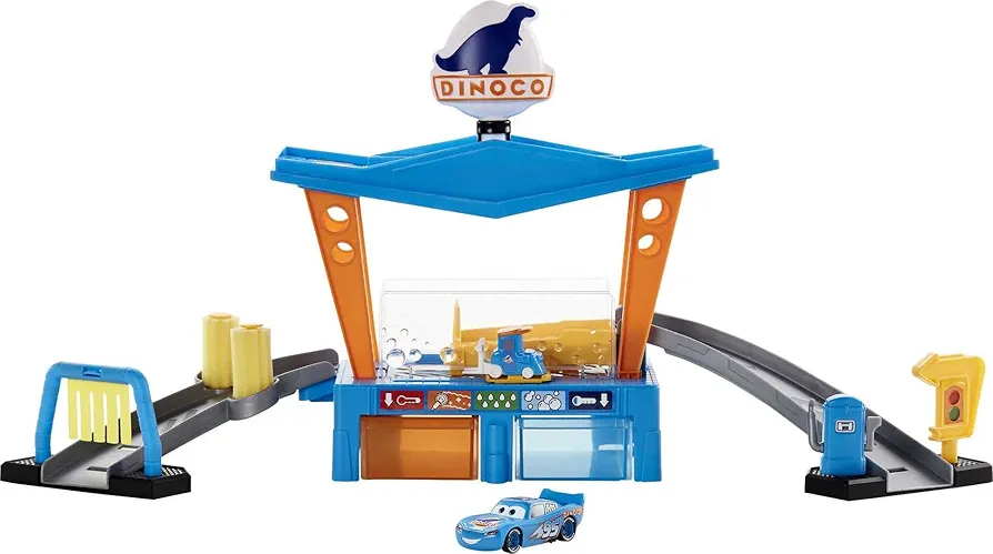 Mattel Disney and Pixar Cars Dinoco Car Wash Playset with Pitty & Lightning McQueen Toy Cars, Water Play & Color Change