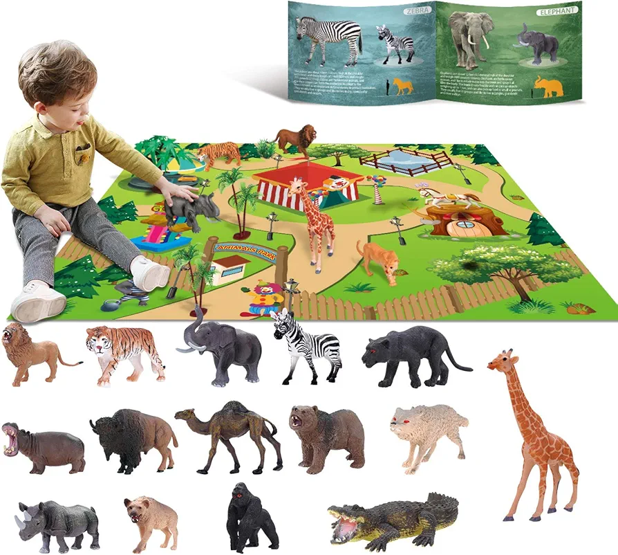 15 Animal Toys for Boys Realistic Safari Animals Farm Zoo Educational Toy Gift with Play Mat for 2 3 4 5 6 7 Year Old Girls Toddlers Kids