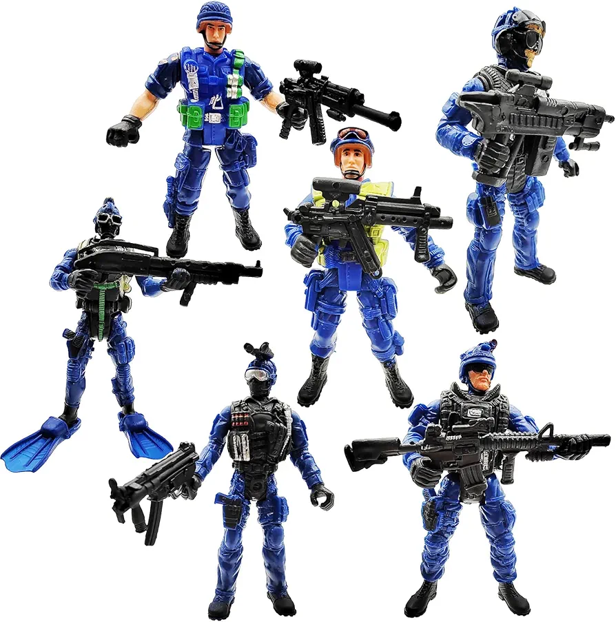 Police Army Men Playset Guard Military with Weapons Accessories 6 Pack Toy Soldiers Action Figures for Toddlers Age 6 7 8 9 yr Old Boys Girls Kids Children