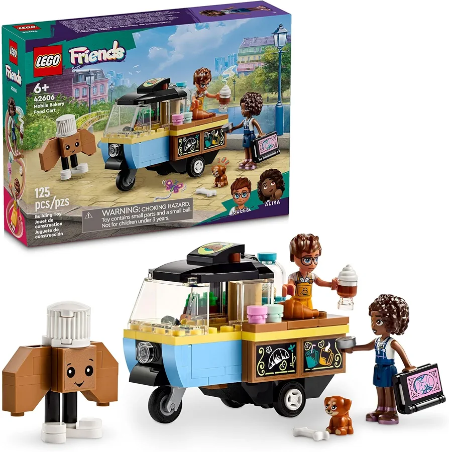 LEGO Friends Mobile Bakery Food Cart Playset, Cooking Toy for Pretend Play, Small Gift for Kids, Girls and Boys Ages 6 and Up with Aliya and Jules Mini-Dolls, Aira Dog Figure and Food Toys, 42606