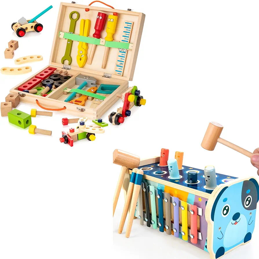 KIDWILL Wooden Tool Kit for Kids Bundle with Wooden Hammering and Pounding Toy