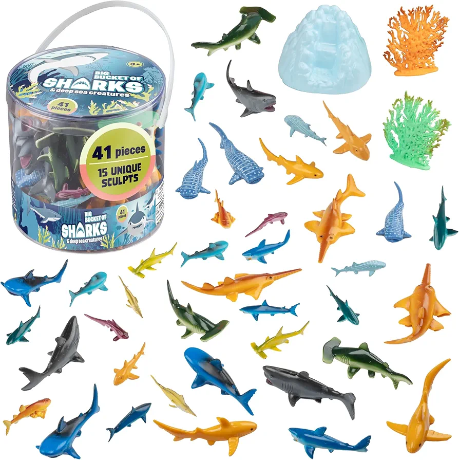 Sharks Toys Action Figure Bucket - 41 pc Toy Playset - Fun Deep Sea Fish Set includes Great White Shark, Hammerhead, Whale & More - Great Bathtub & Sandbox Toy, Party Decoration & Easter Egg Stuffer