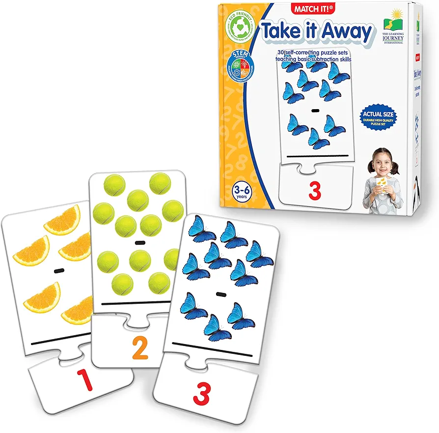 Learning Journey International Match It! Take It Away - STEM Subtraction Game - Helps to Teach Early Math Facts with 30 Matching Pairs – Preschool Games & Gifts for Kids Ages 3 and Up, Multicolor