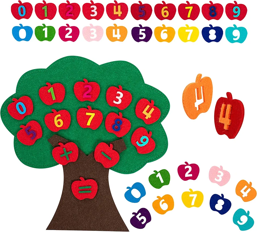 Vanmor Addition & Subtraction Math Games Teaching Aids Numbers Felt Tree Board Classroom Homeschool Math Games Kindergarten Numbers Counting Toy Gifts for Ages 2-6, Apple Tree 10.4 ×10.4 inches