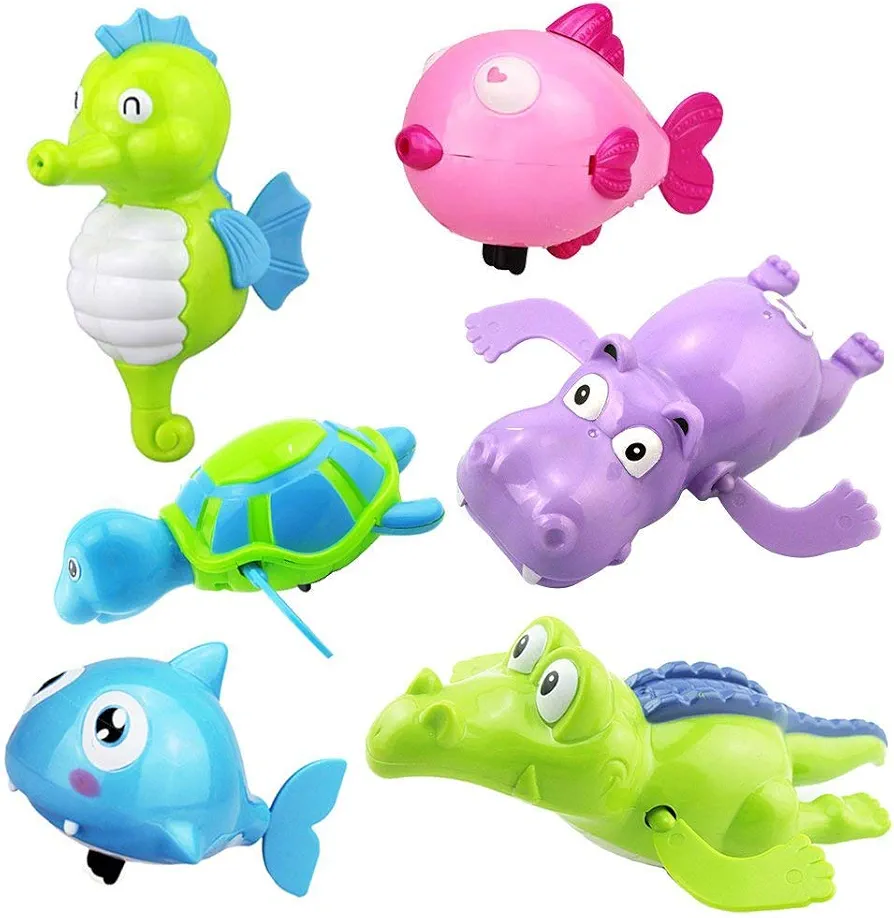 Floating Wind-up Bath Water Toys - 6 Pcs Sea Animal Bath Toy for Kids and Toddlers - Turtle Hippo Crocodile Hippocampus Fish, Bathtub Playset Clockwor