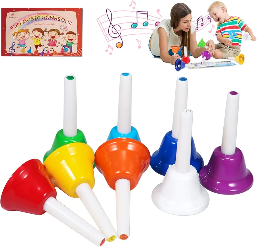 Hand Bells, 8 Note Musical Handbells Set with 10 Songbook Musical Toy Percussion Instrument for Toddlers Children Kids for Children's Day Family Activity School and Church (Classic Edition)