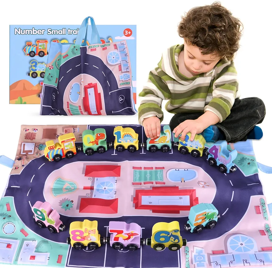 Wooden Toys for Toddlers - 11 Magnetic Wooden Dinosaur Train Set with Play Mat/Storage Bag,Montessori Toys for 1-4 Year Old, Learning Dinosaur Toys for Kids, Christmas Birthday Easter Gifts (Dinosaur)