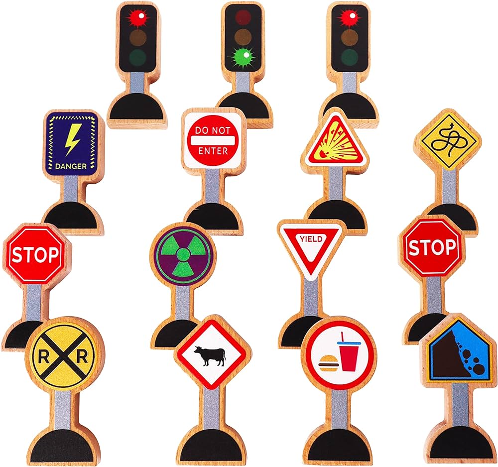 15 Pieces - Wooden Traffic Signs For Kids - Zany Street Signs for Play Mats, Toy Trains and Cars - Wooden Street Signs Road Signs - Educational Preschool Train Track Accessories - Zany Trains Series 2