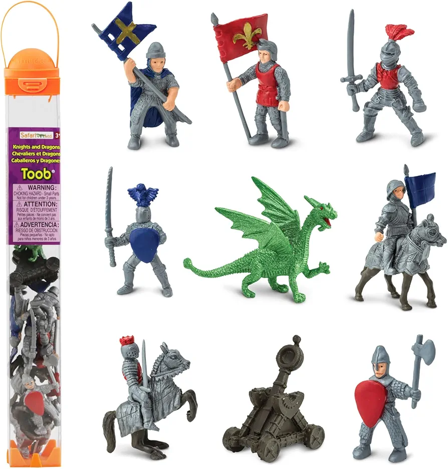 Safari Ltd. Knights & Dragons Toob - Set of 10 Mini Figurines: Red & Blue Kingdom Knights, Catapult, and Green Dragon - History Learning Toy Figures for Boys, Girls & Kids Ages 3+