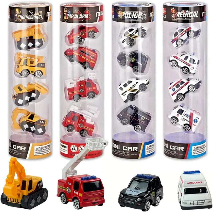 16-Piece Diecast Metal Toy Car Set - Fun Play Trucks with Police, Construction, Ambulance & Firetruck Vehicles in 4 Storage Tubes - Perfect for Party Favors & Kids