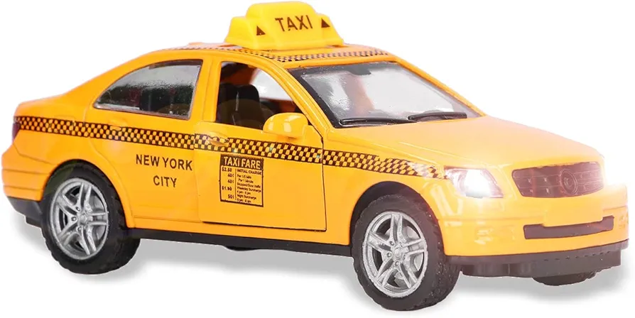 Diecast Pullback Taxi Cab Model Car - 1:40 Scale Yellow Taxi with Flashing Light & Sound, Opening Doors - Collectible Die Cast Metal Model Toy Vehicle