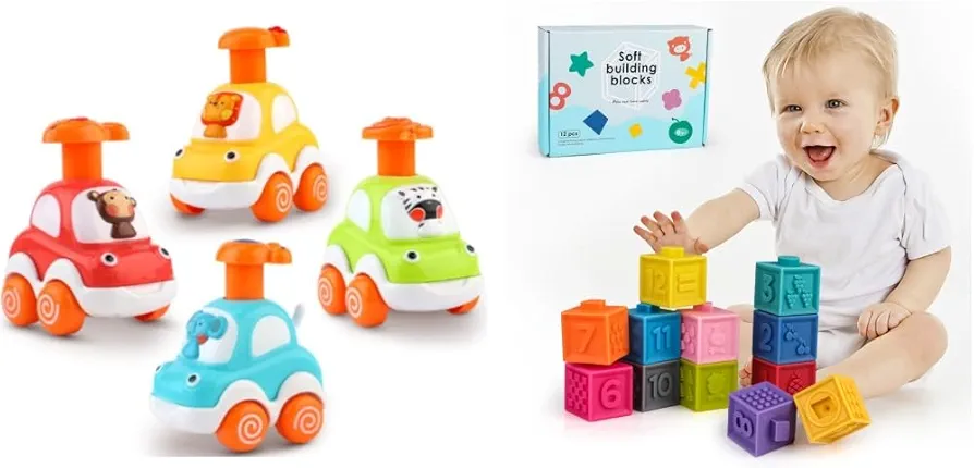 Amy&Benton Baby Animal Car Toys Toddler Press and Go Toy Cars Wind-up Cars + Soft Baby Rubber Stacking Block 1 Year Old Toddler Silicone Building Blocks for 6 12 18 Months Infant Teething Blocks