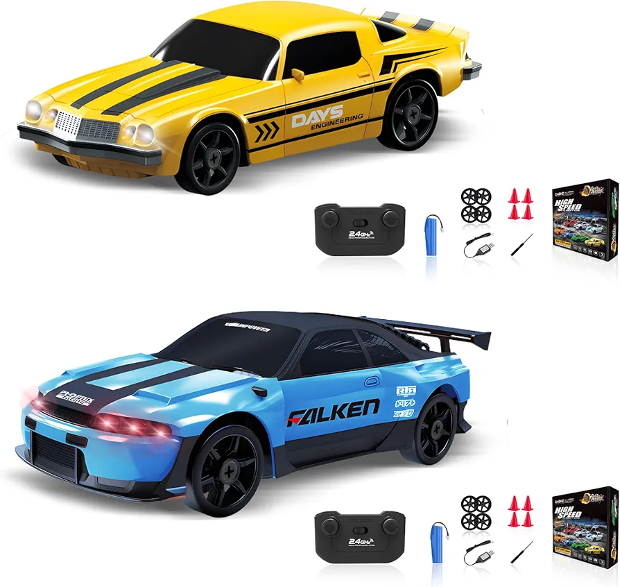 RC Drift Car 1/24 2.4GHz 4WD Remote Control Car RC Cars Toy Car for Boys Girls Birthday, Mini Drift RC Car Yellow with Light Rechargeable Battery and Drift Tires Xmas Birthday Gift for Kids