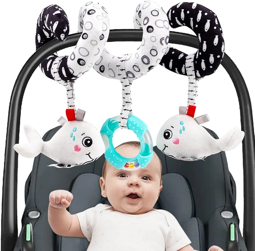 Spiral Car Seat Stroller Activity Toy - Black White Infants Plush Toys for Ages 0 Months and Up - Hanging Toys Sensory Toys Newborn Plush Activity Toys Thank You Gifts for Baby-Whale