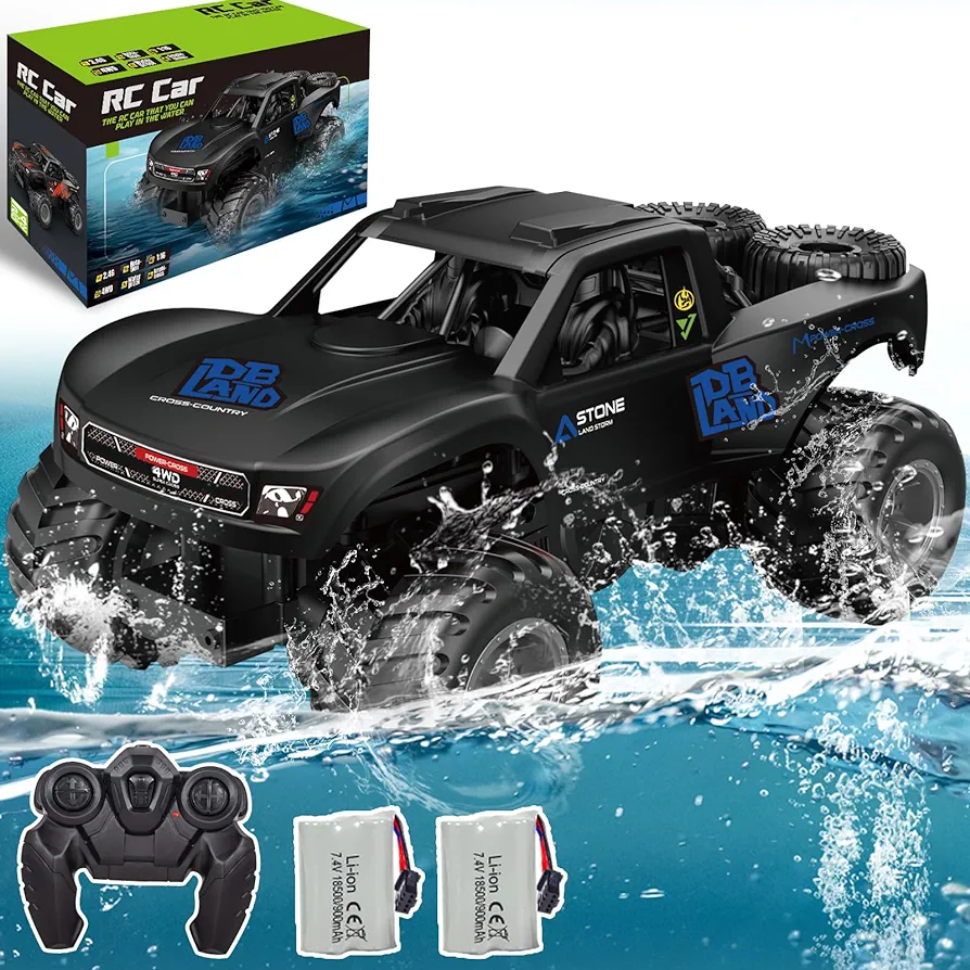 1:16 Amphibious Remote Control Car Truck, 2.4Ghz All Terrain 4WD Off-Road RC Car Waterproof, 20Km/h RC Monster Truck for Boys/Girls, Kids Pool Toys Remote Control Boat Gifts for Kids（Blue）